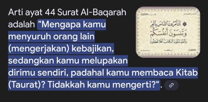 abis berantem sama adek, dia minta gua bantuin emk, gua jg lagi diemen emk udah sebulan, adek gua gak paham masalahnya, tapi bacot gua jahat jg si, abistuh gua solat, &amp; ngaji mulai juz 1, tapi gua reflek nginget arti al-baqorah ayat 44 karna emang pernah ngafalin, lah tersindir😭