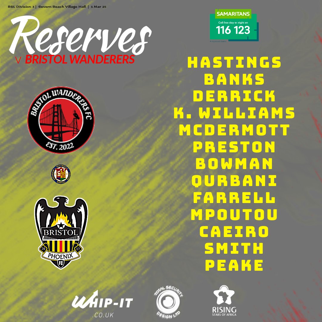 💛 <a href="/BristolPhoenix1/">Bristol Phoenix</a> Firsts are home at Bristol Civil Service Sports Club v <a href="/OldGeorgiansAFC/">Old Georgians AFC</a> Firsts today. At the same time our Reserves are on the road against <a href="/WanderersBris/">Bristol Wanderers FC</a>.

🆕 Ahmed and Peake make their debuts while West returns.

👊 <a href="/RSOAAcademy/">RisingStarsOfAfrica</a> 

<a href="/samaritans/">Samaritans</a> 💚

#UTP  🔥🦅