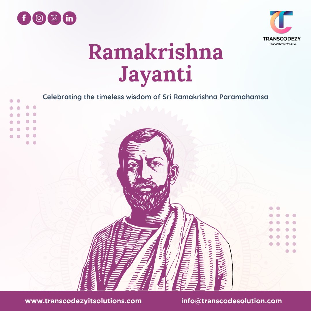 Transcodezy_IT's tweet photo. 🕉️ Ramakrishna Jayanti 🌸

Today, we honor Ramakrishna Paramahamsa, a spiritual luminary who taught us the value of unity and devotion. 🌟 His timeless wisdom reminds us: “God can be realized through all paths.”

#RamakrishnaJayanti #UnityInDiversity #TranscodezyIT 🌸 https://t.co/NJGKohsVcw
