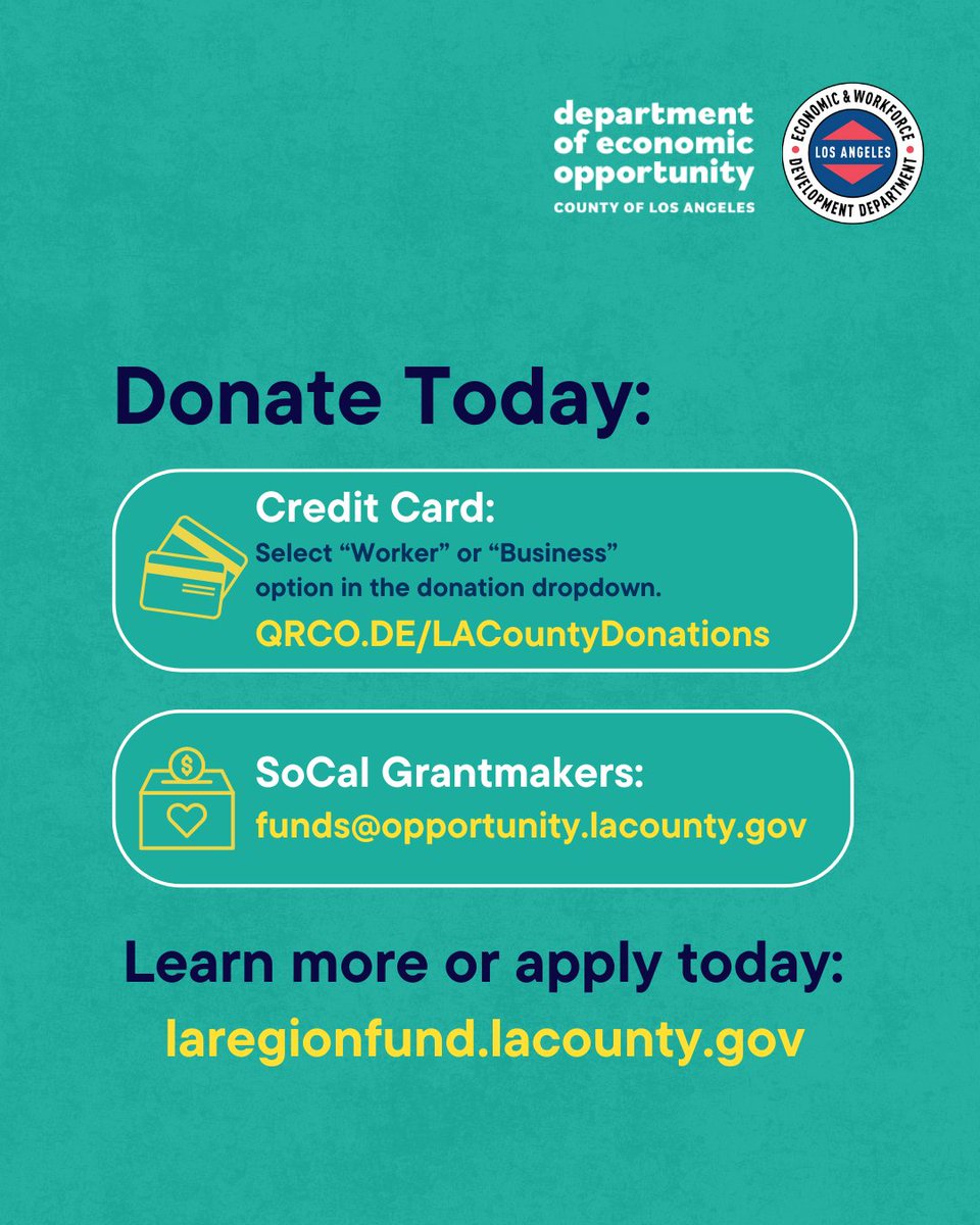 FUNDING UPDATE: LA Region Small Business and Worker Relief Funds Now Awarded in Two-Phases.

🗓 Deadlines:
✅ Sat, Mar. 2 – Apply for Phase 1 awards 
✅ Tues, Mar. 12 – Apply for Phase 2 awards 
 
Visit laregionfund.lacounty.gov to learn more and submit your application today!