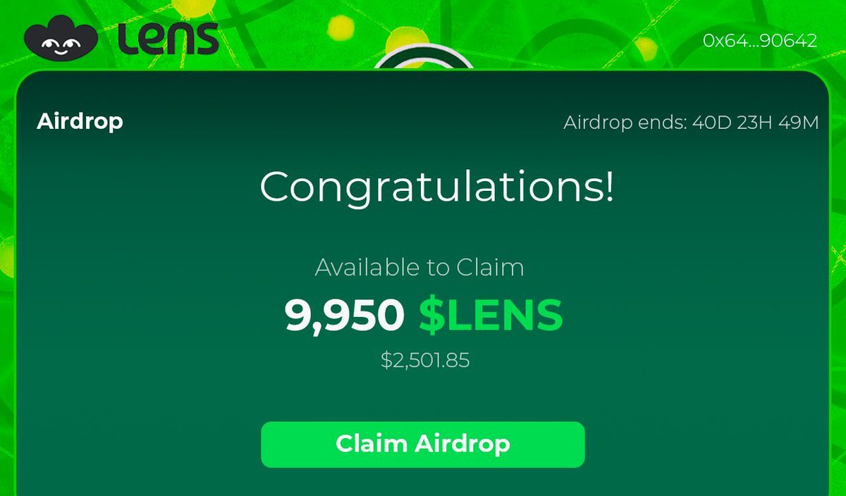 Wuming_Mr_'s tweet image. Lens Protocol 空投已确认在2025年第二季度进行!

现在是创建符合 $LENS 要求的钱包的最佳时机。

成本：$0 | 时间：6 分钟 | 奖励：$2,501+

向下滚动查看逐步指南 👇🧵

#空投 #空投查詢 #空投領取 #空投教程 #空投線程 #Airdrop #meme