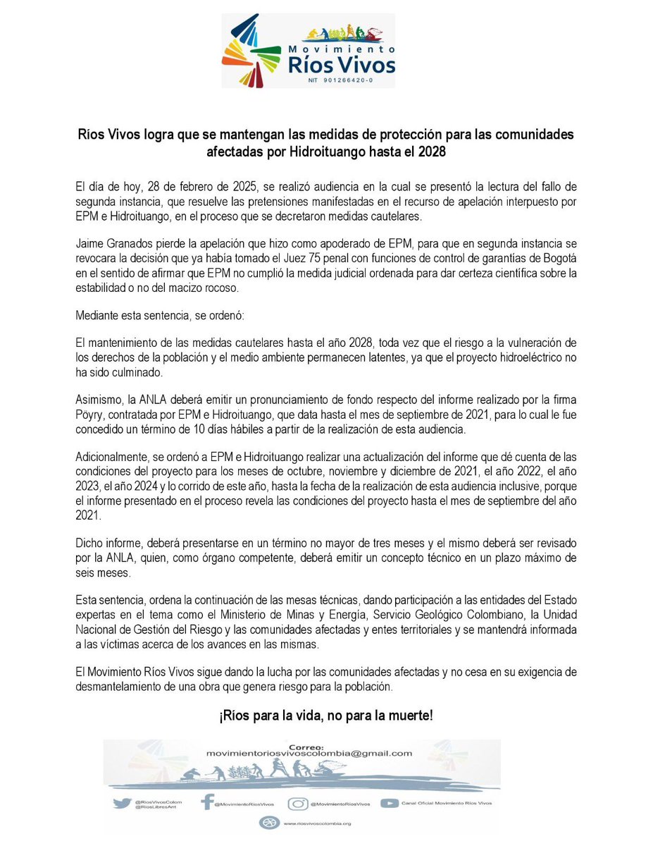 Ríos Vivos logra que se mantengan las medidas de protección para las comunidades afectadas por Hidroituango hasta el 2028.

bit.ly/41liwrh