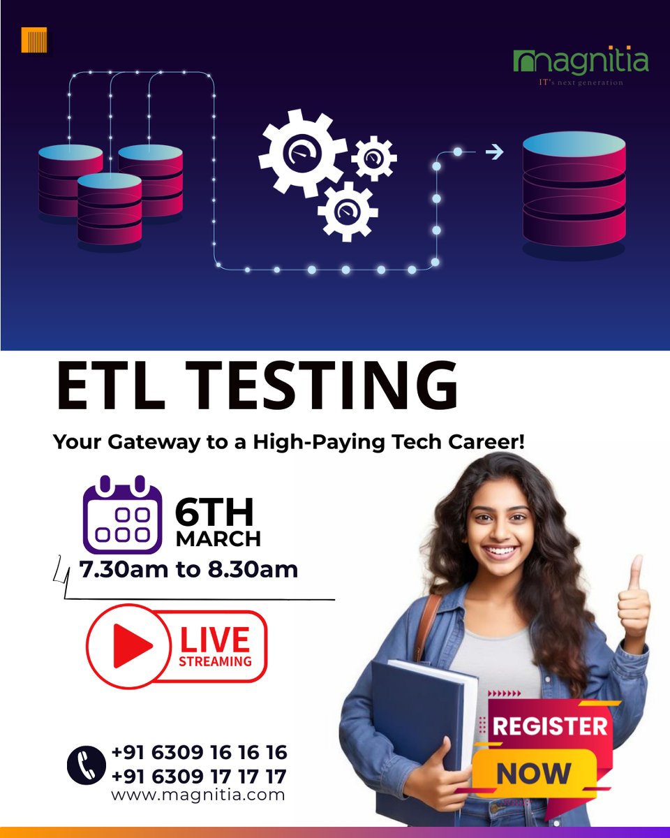 Magnitiaonline's tweet image. 🚀 Become an ETL Testing Expert in Just 40 Days!
Join Vinitha’s Live Online Training starting March 6, 2025 from 7:30 AM - 8:30 AM. 📅💻
📞 Call: 6309 16 16 16 | 🔗 Register Now!
#ETLTesting #LiveTraining #DataTesting #CareerBoost #OnlineLearning