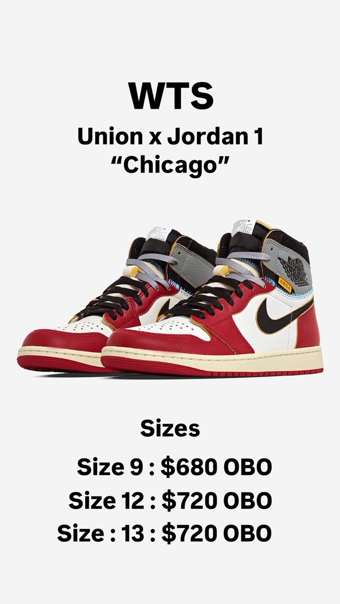 🛑 WTS 🛑

UNION X JORDAN CHICAGO❤️

SIZES LISTED BELOW ⬇️⬇️⬇️

DM IF INTERESTED😃