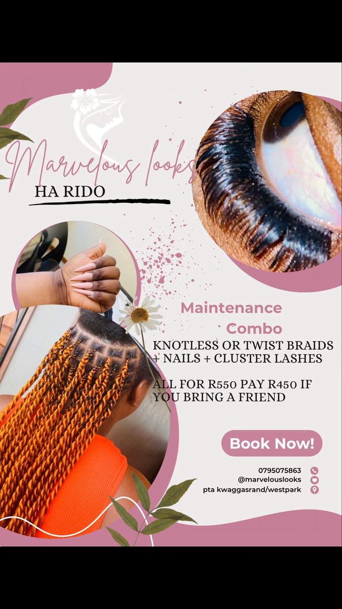 Ree_Marvel's tweet photo. Maintenance week combo .
Gel Braids + Nails and cluster lashes all for R550 and even lesser if you bring a friend❤️. House call available around pta/centurion and Midrand at an extra fee #ptabraids #kwaggasrandbraids #pretoriawestbraids #pretoriawestsaloon #LISA #رمضان_السبت #mid https://t.co/HvAqJHbGKN