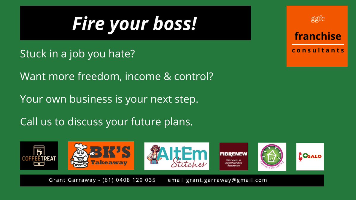 GarrawayGrant's tweet photo. Stuck in a job you hate?
Want more freedom, income & control?
Your own business is your next step.
Call Grant (61) 0408 129 035
grant.garraway@gmail.com
#BeYourOwnBoss #Franchise #Fibrenew #FranchiseNewsAustralia #BKsTakeaway #AltemStitches #Houseproud #Ogalo https://t.co/IRUyUqWUu5