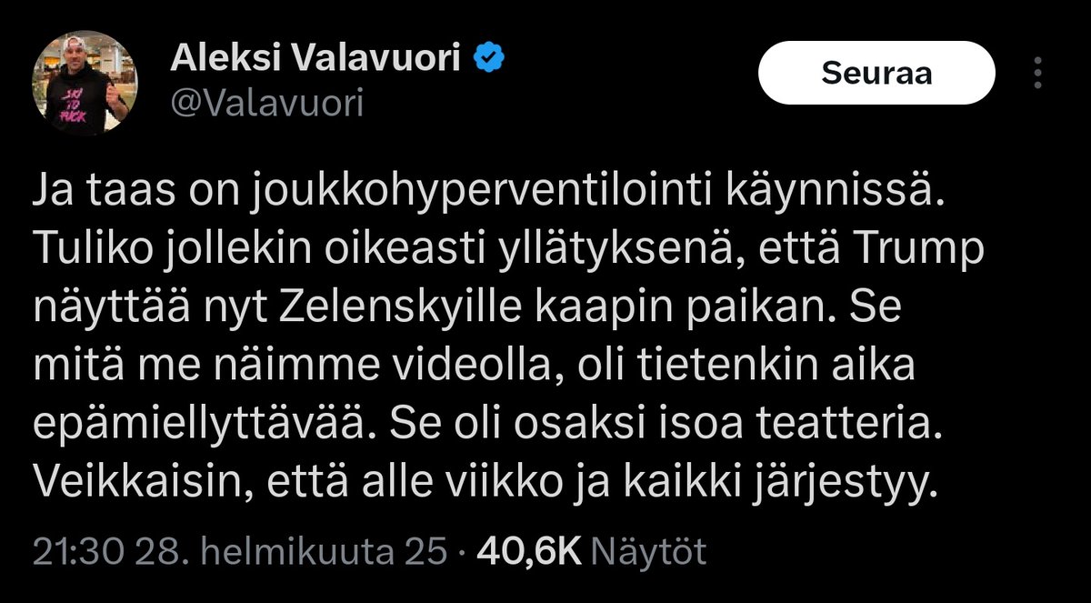 Verorikollisen Los Angelesin -olympiaprojekti etenee. Ei tarvitse kuin imeä Trumpin kengänkärkeä, niin vimmatusti, että kyllä Teemu ja Sirpa taivuttelee Teemun golfkaveri Trumpin päästämään urheilumiehen maahan. Ei niin väliä vaikka pelaisi siinä sivussa putinistien pussiin.
