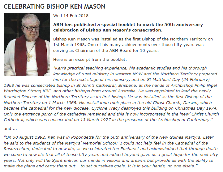 AustAnglican's tweet photo. 1 March 1968: the Rt Revd Kenneth Bruce Mason (1928-2018) installed and enthroned in Christ Church Cathedral, Darwin, as first Bishop of the Northern Territory. #anglican #57years He was present for the 50th anniversary in 2018. https://t.co/4IYw5HzOZq