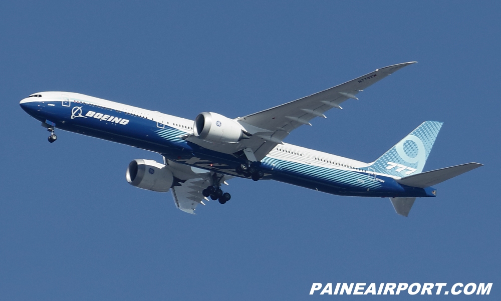 mattcawby's tweet photo. WH001 777-9 N779XW over Paine Field en route Boeing Field. Test conditions today included GE9X EEC adjustments and APU reliability testing https://t.co/C1kc7SdZ67
