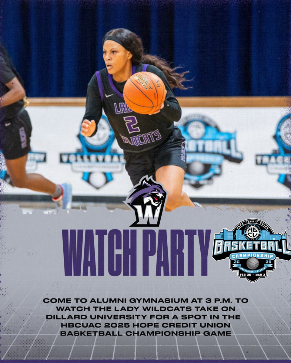 WileyAthletics's tweet image. Come to Alumni Gymnasium at 3 p.m. tomorrow to watch the Lady Wildcats take on Dillard University for a spot in the HBCUAC 2025 Hope Credit Union Basketball Championship Game. There will be free popcorn. #FeartheClaws #WhereWinnersThrive #BeIrreplaceable #GoForthInspired