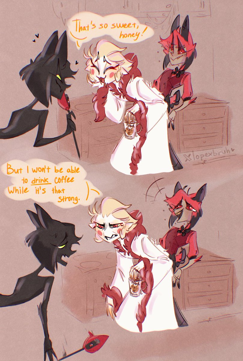 My love is as strong as a cup of coffee☕

Usually, Shadow uses sign language to communicate, but lately he has been practicing communication using phrases taken out of context or words from various radio shows and songs, using Alastor's microphone.

#radioapple #appleradio