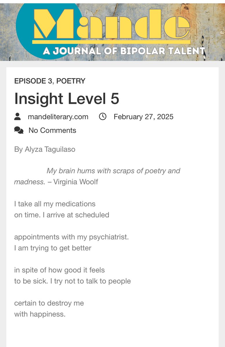 Hello! My poem “Insight Level 5” came out in Mande Literary. It’s from my second manuscript which explores bipolar disorder. Many thanks to editor Kaye Ardis. 🩵☺️mandeliterary.com/insight-level-…