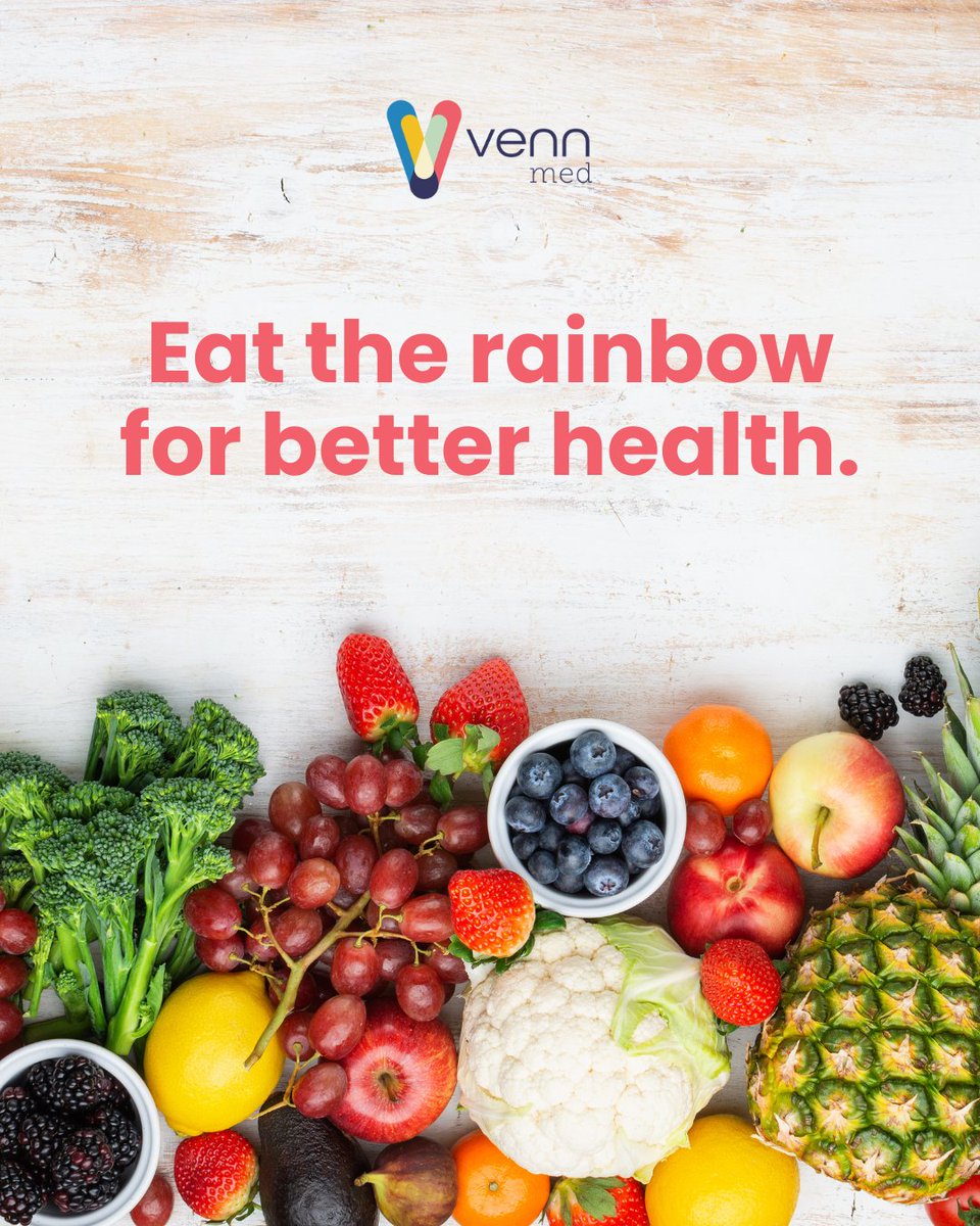 VennMed's tweet photo. 🍎 Red – Supports heart health ❤️
🧡 Orange – Boosts immunity 🛡️
💛 Yellow – Enhances digestion 🌿
💚 Green – Detoxifies &amp; strengthens bones 🦴
💙💜 Blue/Purple – Supports brain health 

📍 Let’s build your healthiest life together. Visit us today! https://t.co/sV7L5og3fU