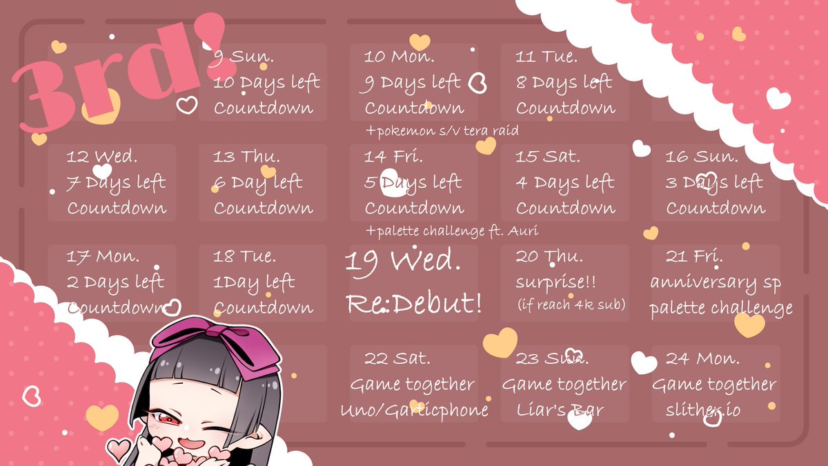 ForRest_1000's tweet photo. Creatures!
Thanks for waiting and Mary will be back tomorrow~
Here we go the schedule for our anniversary coming soon! there will be stream everyday and special surprise coming up if we reach 4k subs during the celebration~ʚෆɞ(˘ᵋॢ ˘♡)˚₊·
#Vtuber #necomunity https://t.co/TxCjCgle9v