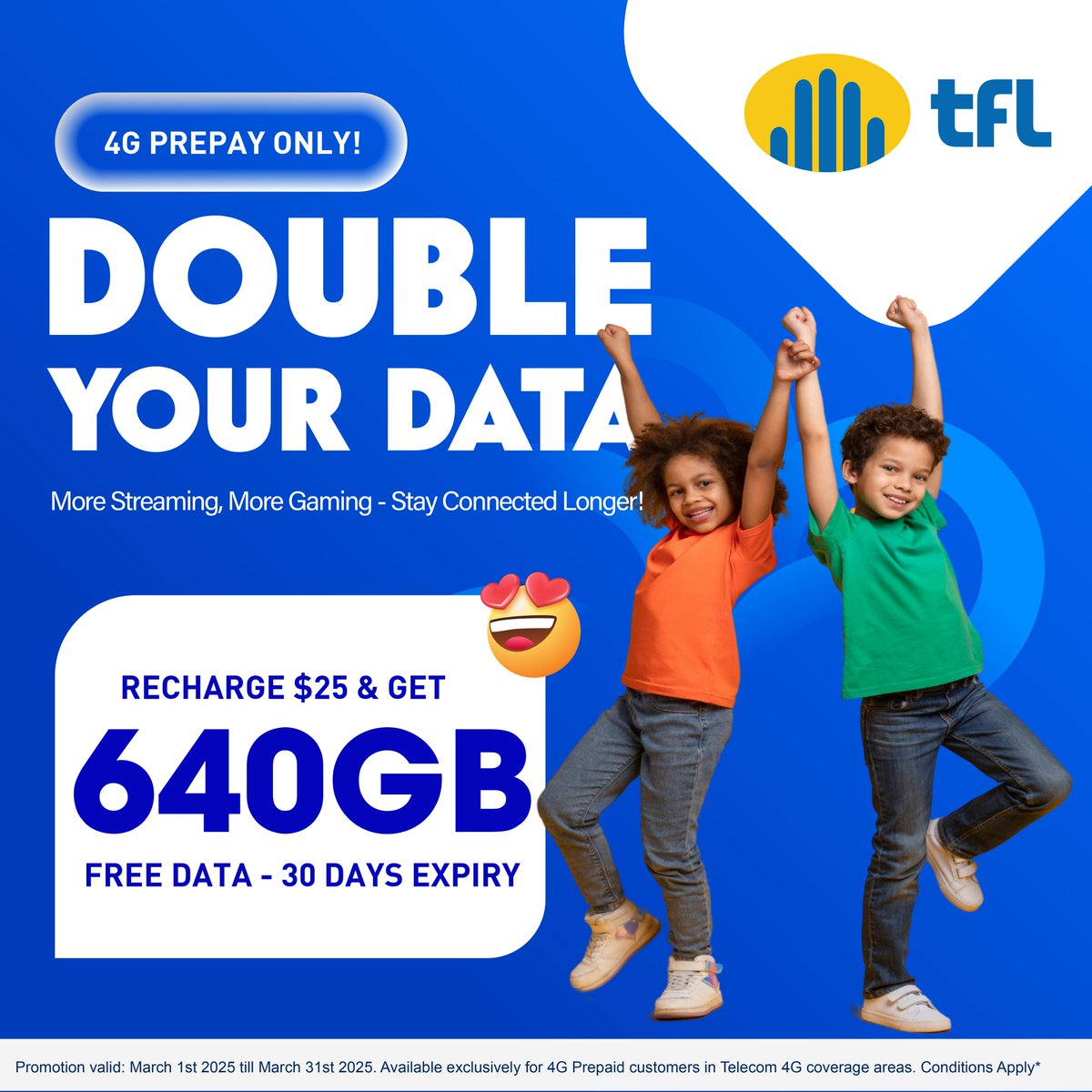 TelecomFJ's tweet photo. Get 640GB FREE DATA when you recharge $25.
- Offer valid: March 1 – March 31, 2025
- 4G Prepay customers only*
Stay connected longer with more data!
#TelecomFiji #4GPrepay #DoubleYourData #StayConnected https://t.co/4MNMxO5xN2