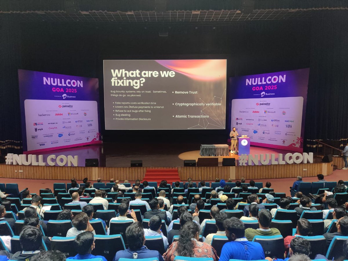 nullcon's tweet photo. "The Future is Trustless: How zkVMS and zkTLS Transform Bug Bounties" is unfolding on stage as @pwnfooo, dives deep into the world of decentralized security, zero trust, and more.

This session is sparking some serious “aha!” moments. 🔥

#NullconGoa2025 https://t.co/eg0LnNSn0l