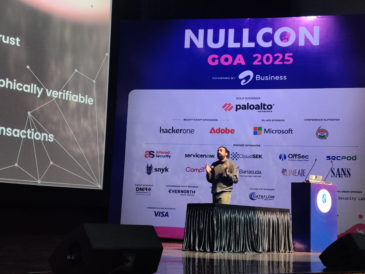 "The Future is Trustless: How zkVMS and zkTLS Transform Bug Bounties" is unfolding on stage as <a href="/pwnfooo/">Anto</a>, dives deep into the world of decentralized security, zero trust, and more.

This session is sparking some serious “aha!” moments. 🔥

#NullconGoa2025