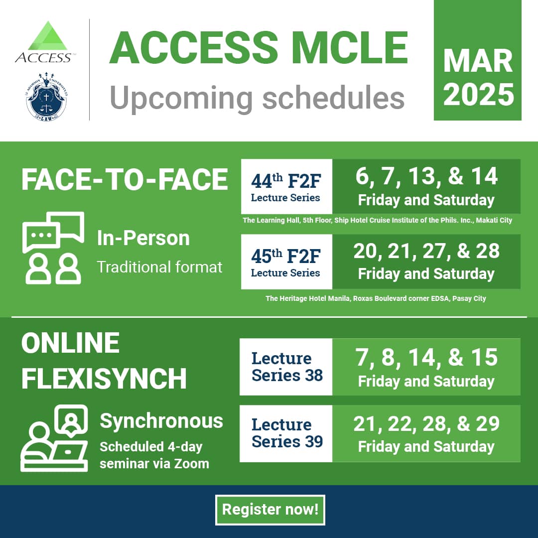 accessmcle_ph's tweet photo. 𝐒𝐭𝐚𝐲 𝐚𝐡𝐞𝐚𝐝 𝐢𝐧 𝐲𝐨𝐮𝐫 𝐥𝐞𝐠𝐚𝐥 𝐩𝐫𝐚𝐜𝐭𝐢𝐜𝐞 𝒃𝒚 𝒄𝒉𝒐𝒐𝒔𝒊𝒏𝒈 𝒇𝒓𝒐𝒎 𝒕𝒉𝒆 3 𝒑𝒍𝒂𝒕𝒇𝒐𝒓𝒎𝒔 𝒇𝒐𝒓 𝑴𝑪𝑳𝑬 𝒄𝒐𝒖𝒓𝒔𝒆𝒔:
📷 𝑭𝒂𝒄𝒆-𝒕𝒐-𝑭𝒂𝒄𝒆
📷 𝑶𝒏𝒍𝒊𝒏𝒆 𝑭𝒍𝒆𝒙𝒊𝒔𝒚𝒏𝒄𝒉
📷 𝑶𝒏𝒍𝒊𝒏𝒆 𝑶𝒏-𝑫𝒆𝒎𝒂𝒏𝒅 https://t.co/HH3Bp5KxSm
