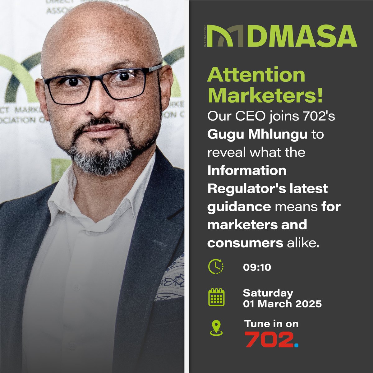 SA_DMA's tweet image. Tune in to 702 today Saturday 01 March at 09:10  to hear DMASA CEO David Dickens discuss the Information Regulators Guidance note on Direct Marketing and what it mean to Marketers and Consumers.
#Radio702 #GuidanceNote #DirectMarketing