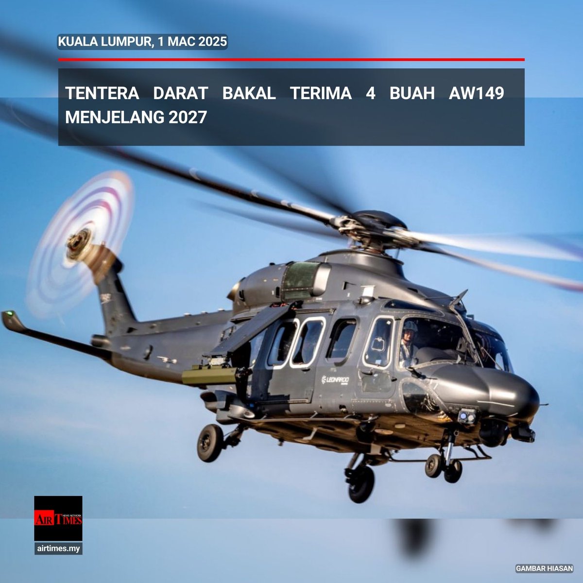 TheAirTimes's tweet photo. Tentera Darat bakal terima 4 buah helikoter AW149 dengan spesifikasi ketenteraan yang sesuai untuk pelbagai tugasan, termasuk latihan dan operasi semasa - Panglima Tentera Darat
@KhaledNordin
#pertahanan #TDM #pesawat #perolehan #airtimes
https://t.co/EmXR7Y8Q6V https://t.co/v82OO8VL3b
