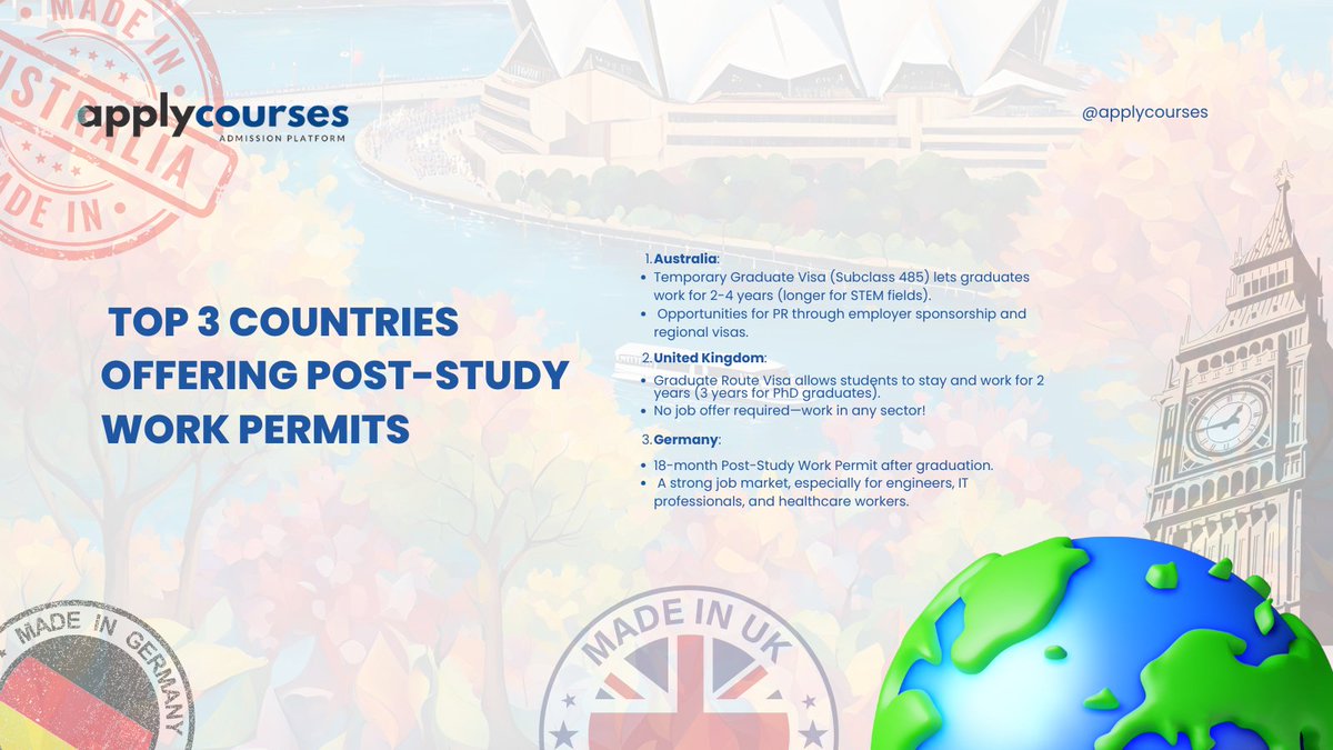 applycourses's tweet photo. Want to work after graduation? These top 3 countries offer great post-study work opportunities! 🎓💼
📍 Australia 🇦🇺
📍 UK 🇬🇧
📍 Germany 🇩🇪

Which one’s your pick? Let ApplyCourses guide you! 🚀 #StudyAbroad #WorkAbroad https://t.co/zSaHGMvzvF