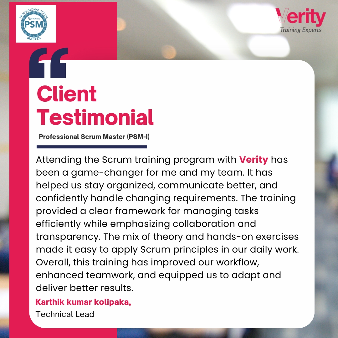 verity_software's tweet photo. Karthik Kumar Kolipaka, Technical Lead, shared his experience after completing the Professional Scrum Master I training with Verity.
An essential experience for ambitious professionals! Take the leap with Verity.
#VeritySoftware #TrainingExperts https://t.co/KLMrwT1aSy