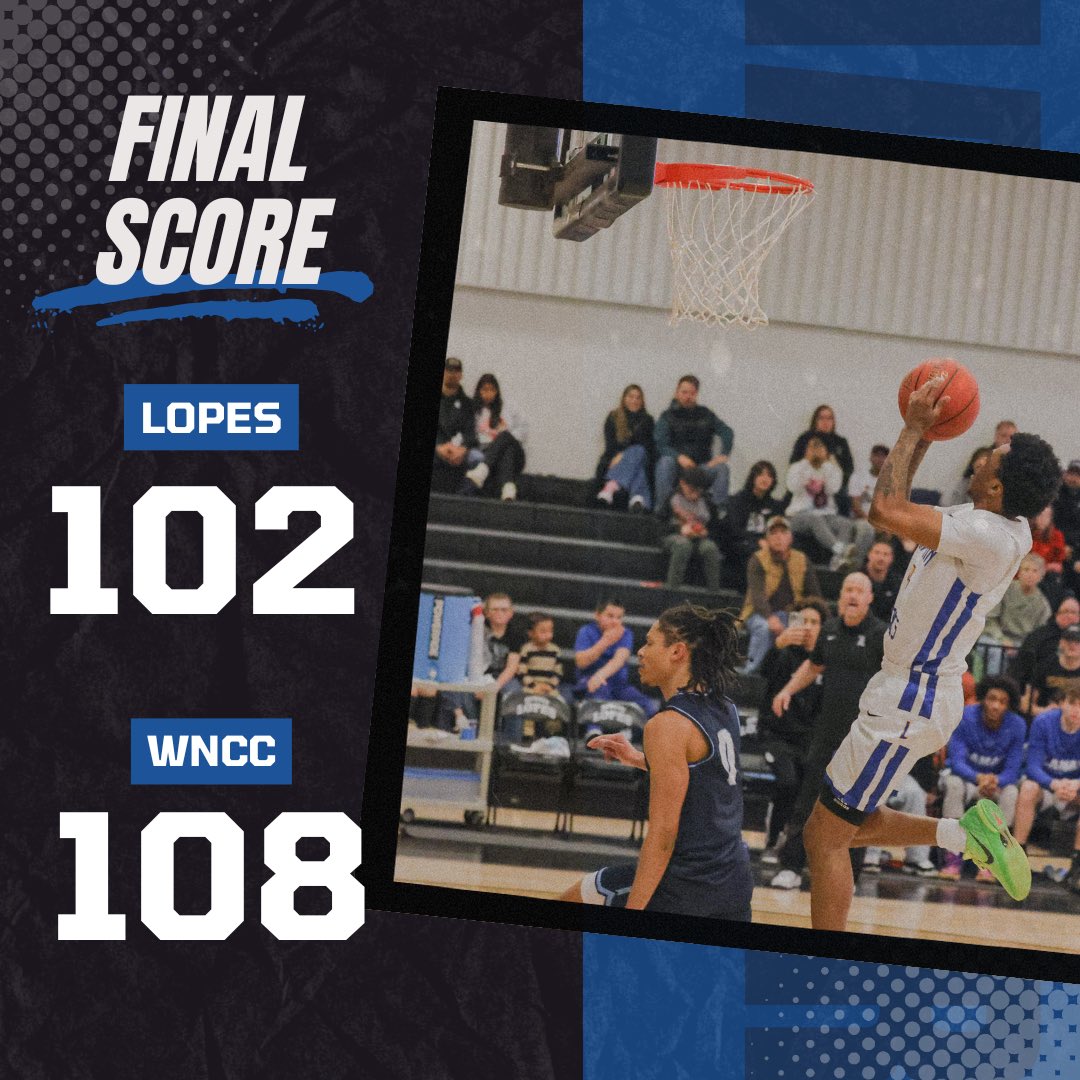 Lopes drop a tough one on the road at WNCC. 

Chance White - 27pts &amp; 3ast
Sean Lindsay - 24 pts &amp; 9ast
Zach Brown - 13pts &amp; 10reb
Christian Payawal - 7pts, 10ast &amp; 7reb
Tshawn Bois - 11 pts &amp; 9reb 
Jalen O’brian - 12pts &amp; 7reb
David Hill Jr. - 10pts

Playoffs next!

#LopesUp