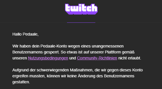 Für immer auf Twitch gesperrt zu werden für meinen Namen "Pedaale" stand nicht auf meiner 2025 Bingokarte :D 

#twitch #twitchde #ichsaufmirjetztrichtigeinenrein