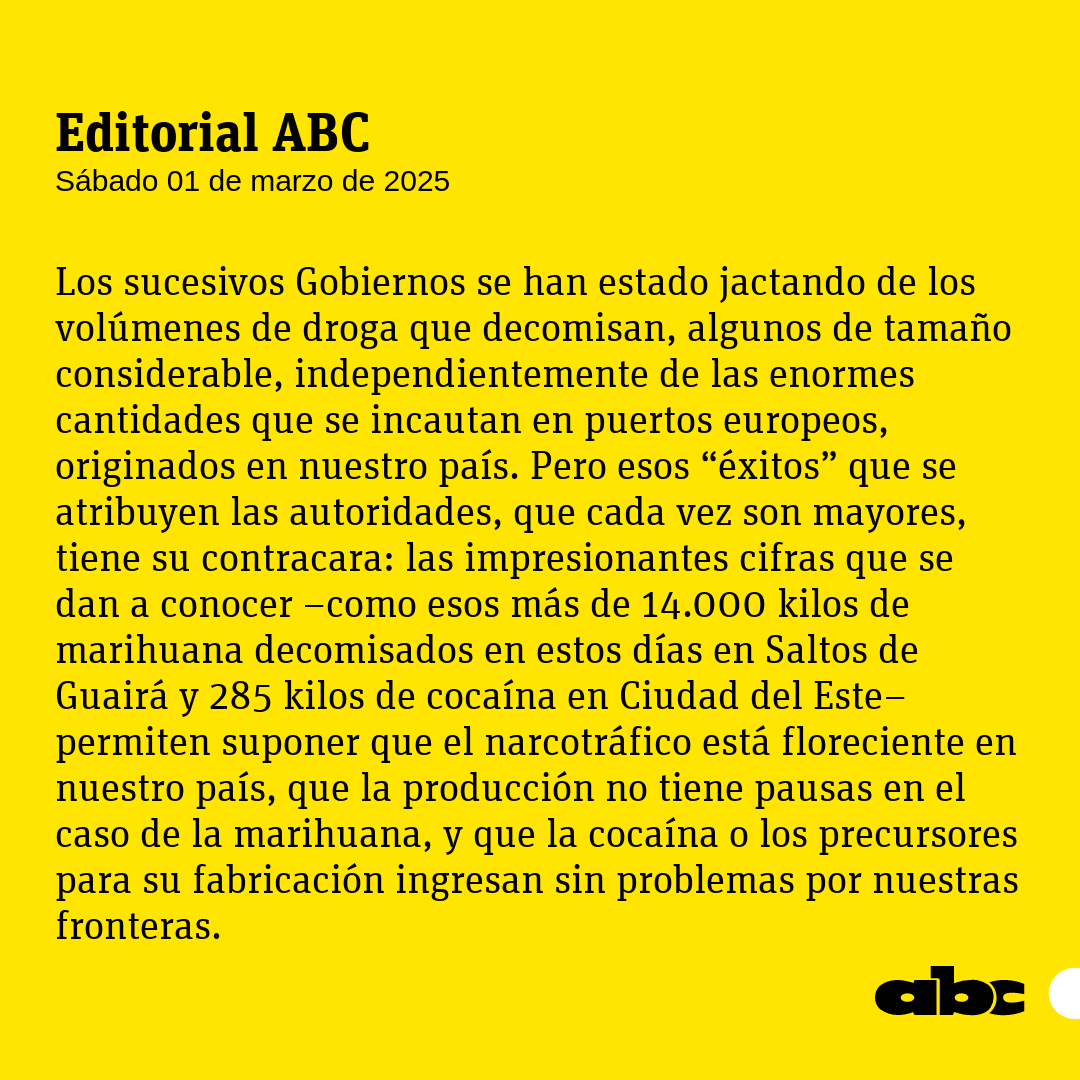 ABCDigital's tweet photo. #EditorialABC | "Mayor decomiso de drogas, señal de que el narcotráfico se afianza en el país".
Leé más: https://t.co/efVbISGbGf
⭕️WhatsApp: https://t.co/zcjWhsOMQ8 https://t.co/veCNfO5HV9
