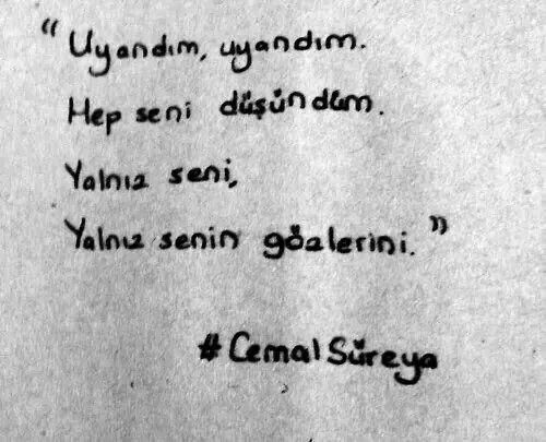 Uyandım uyandım, hep seni düşündüm
Yalnız seni, yalnız senin gözlerini

Cemal Süreya