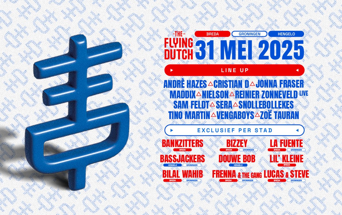 The Flying Dutch keert op 31 mei eindelijk terug! Dit jaar wordt het groter dan ooit, met een line-up die meer variatie biedt dan ooit tevoren. Van keiharde beats tot catchy pop. Hengelo, Groningen en Breda staan klaar voor onvergetelijke dag.

Tickets: eventim.nl/artist/the-fly…