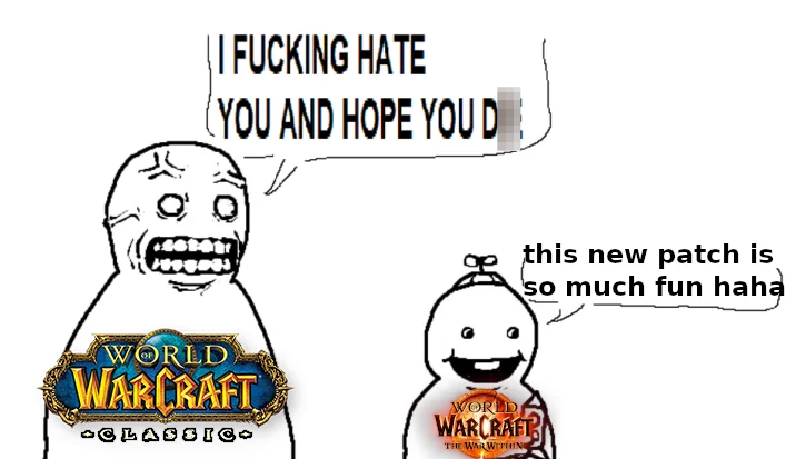 Current state of WoW community, based on my anecdotal observations. Disclaimer: this is a joke, if you prefer Classic then more power to you #warcraft
