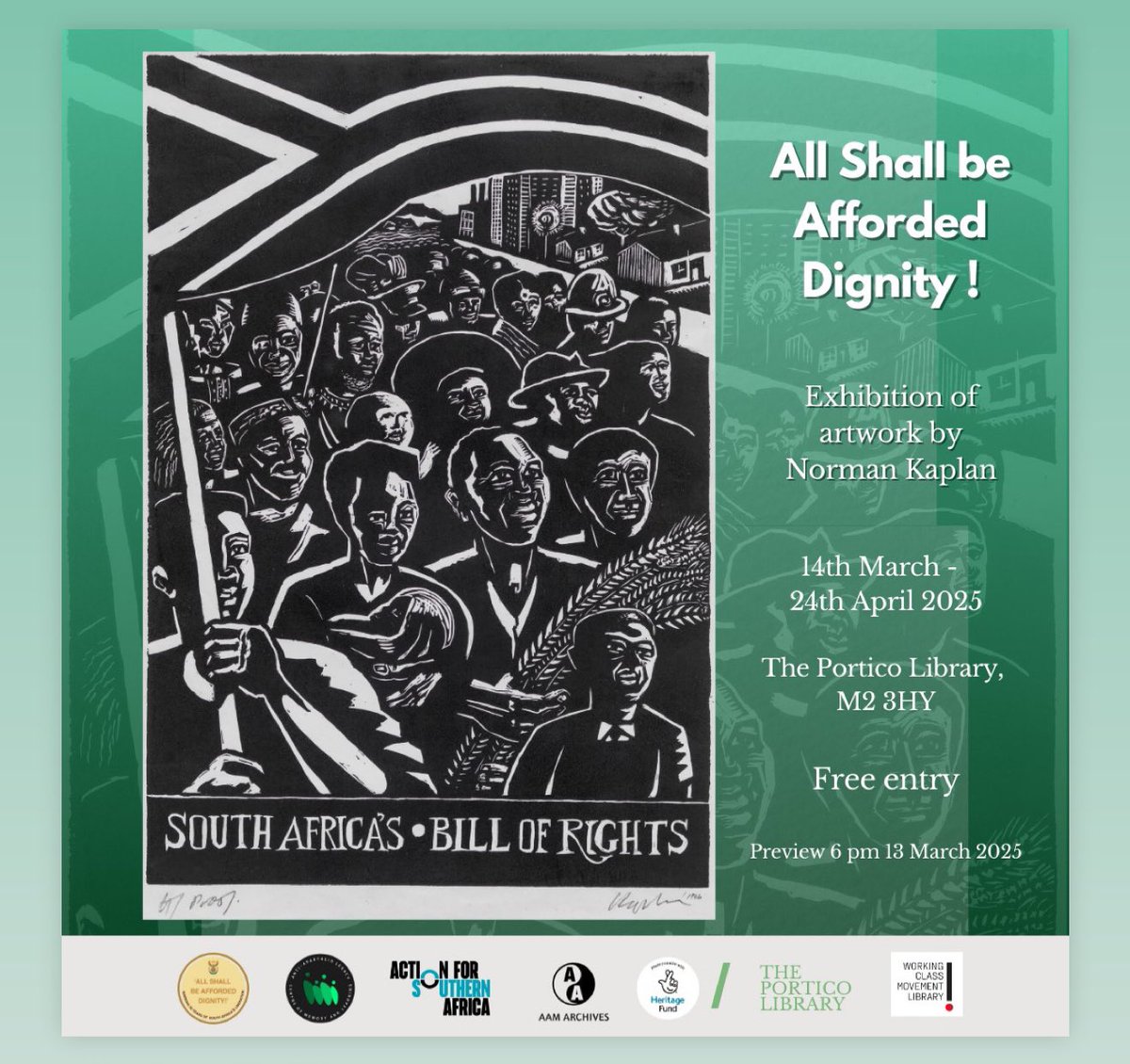 Anti-Apartheid Legacy (@pentonstreetcml) on Twitter photo 'All Shall Be Afforded Dignity!' opening soon #Manchester
🗓️ 14th March - 24th April
📍<a href="/ThePortico/">The Portico Library</a>
🎟️ Free
A travelling show of lino-print & political cartoons by #NormanKaplan co-presented <a href="/PentonStreetCML/">Anti-Apartheid Legacy</a> <a href="/ACTSA_UK/">ACTSA-UK.bsky.social</a> & <a href="/aamarchives/">AAM Archives</a>
Collab w/ <a href="/wcmlibrary/">WCML</a>
🙏🏽<a href="/HeritageFundUK/">The National Lottery Heritage Fund</a> 'All Shall Be Afforded Dignity!' opening soon #Manchester
🗓️ 14th March - 24th April
📍<a href="/ThePortico/">The Portico Library</a>
🎟️ Free
A travelling show of lino-print & political cartoons by #NormanKaplan co-presented <a href="/PentonStreetCML/">Anti-Apartheid Legacy</a> <a href="/ACTSA_UK/">ACTSA-UK.bsky.social</a> & <a href="/aamarchives/">AAM Archives</a>
Collab w/ <a href="/wcmlibrary/">WCML</a>
🙏🏽<a href="/HeritageFundUK/">The National Lottery Heritage Fund</a>