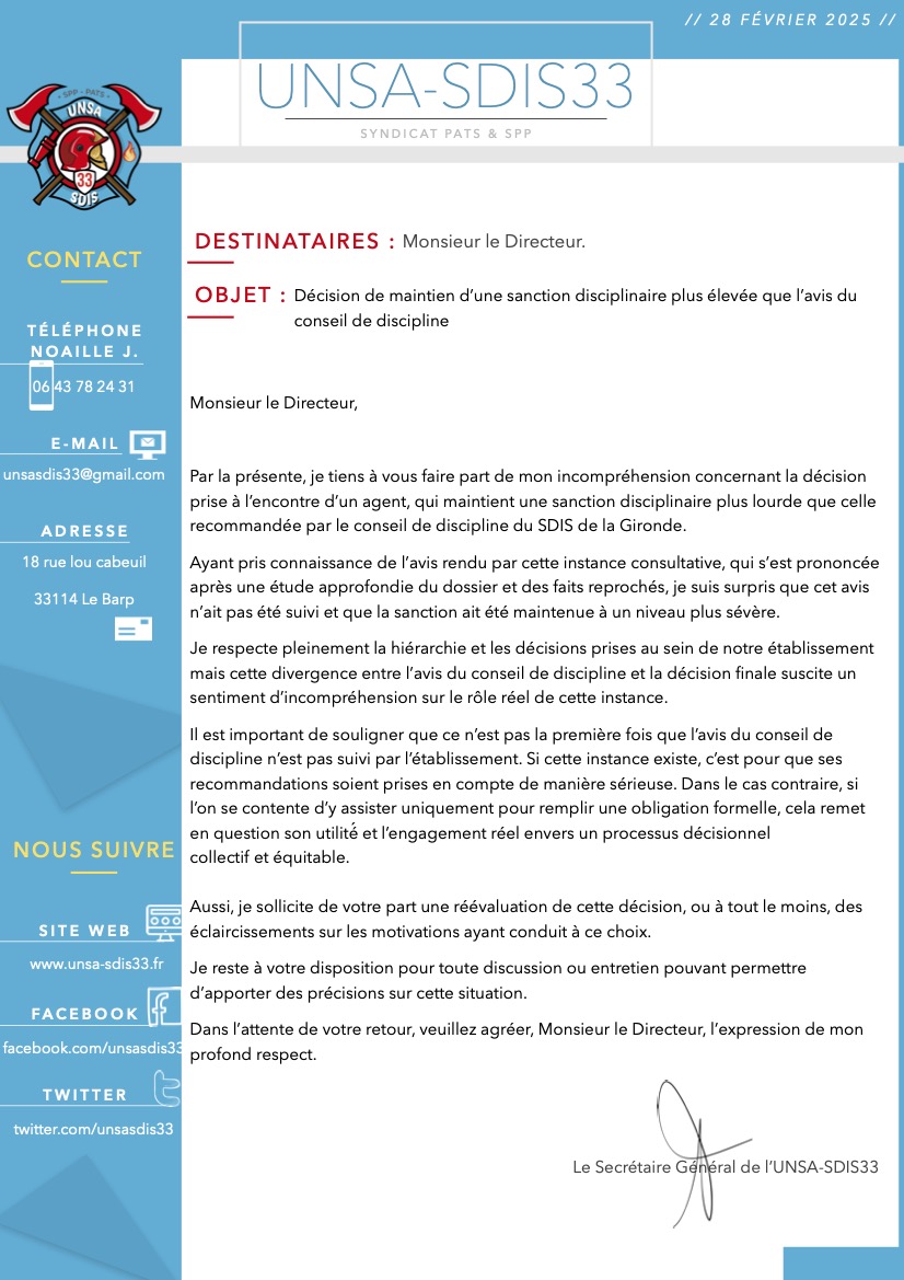 [COURRIER] Décision de maintien d'une sanction disciplinaire plus élevée que l'avis du conseil de discipline