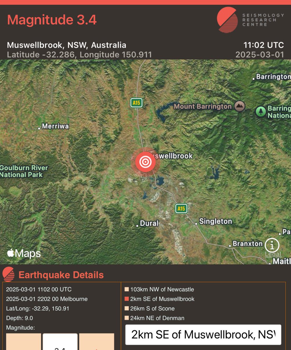 A magnitude 3.4 earthquake just occurred near Muswellbrook NSW, one of the larger events In recent months in this ongoing swarm