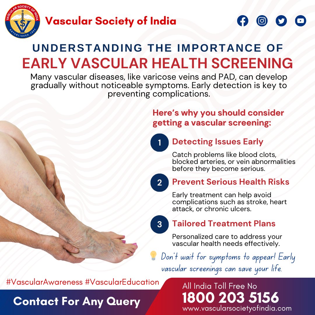 🩸 Early Vascular Health Screening: Your First Step to Better Health! 🩸
Don’t wait for symptoms to show up! Early screening for vascular conditions like varicose veins, PAD, and aneurysms can help prevent serious complications down the road.