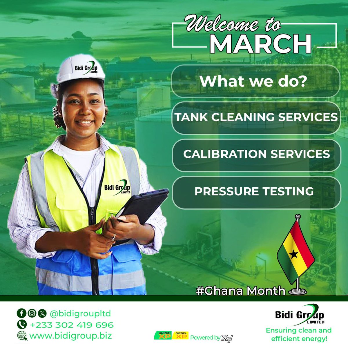 bidigroupltd's tweet image. Happy New Month!
Call on us today for your Fuel Storage Tank Maintenance needs.
#TankCleaning
#Calibration
#RustControl
#PressureTesting
#March
#GhanaMonth
#BidiGroup