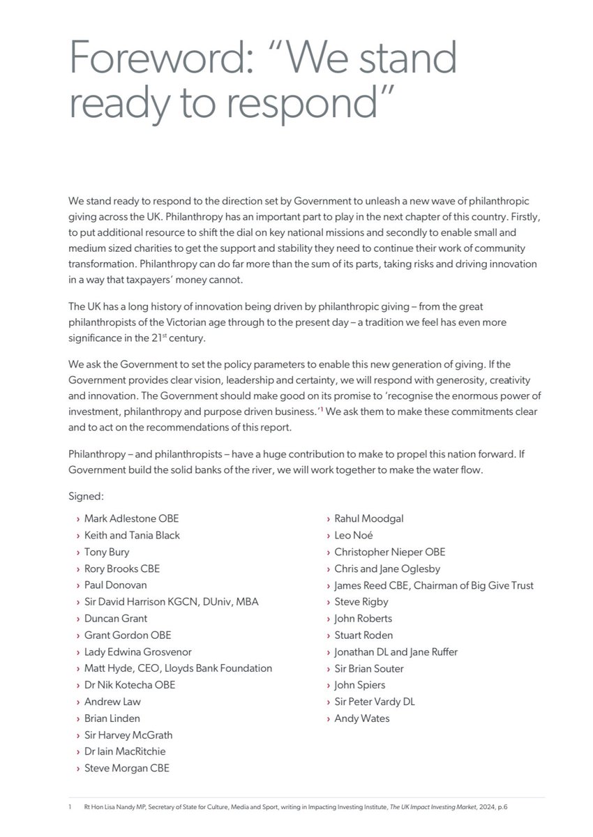 Today, over 30 of Britain’s leading philanthropists are sending a clear message to government: “we stand ready to respond….with generosity, creativity and innovation”. 

This is an important intervention. Money is out there — under the right conditions, it can be unleashed 👇