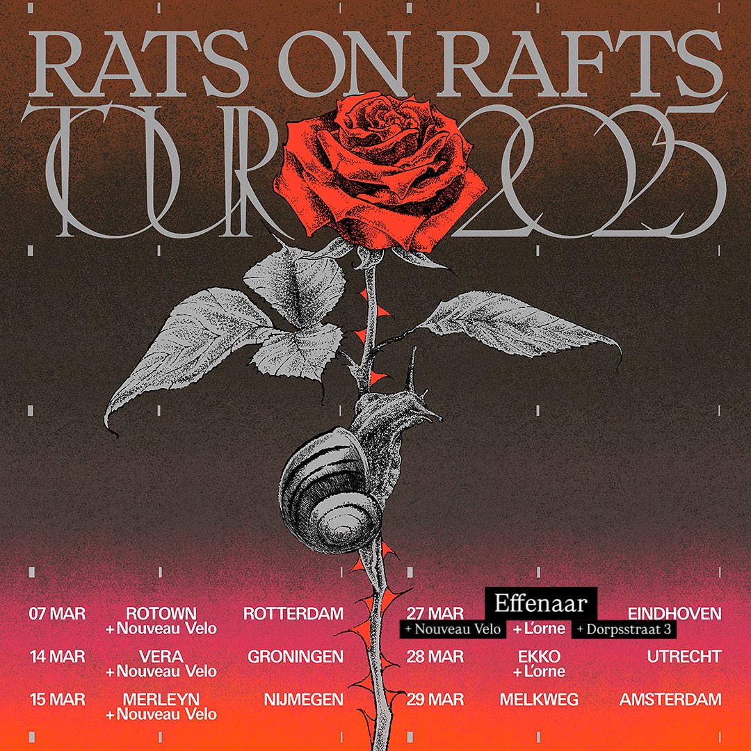 🇳🇱 The Dutch dates of our Deep Below album tour all take place over the next month! 🐌 Starting in our beloved hometown at Rotown Rotterdam (Just a few tickets left!) on Friday the 7th of March with Nouveau Vélo. 🙌 

Tickets: ratsonrafts.lnk.to/Tour