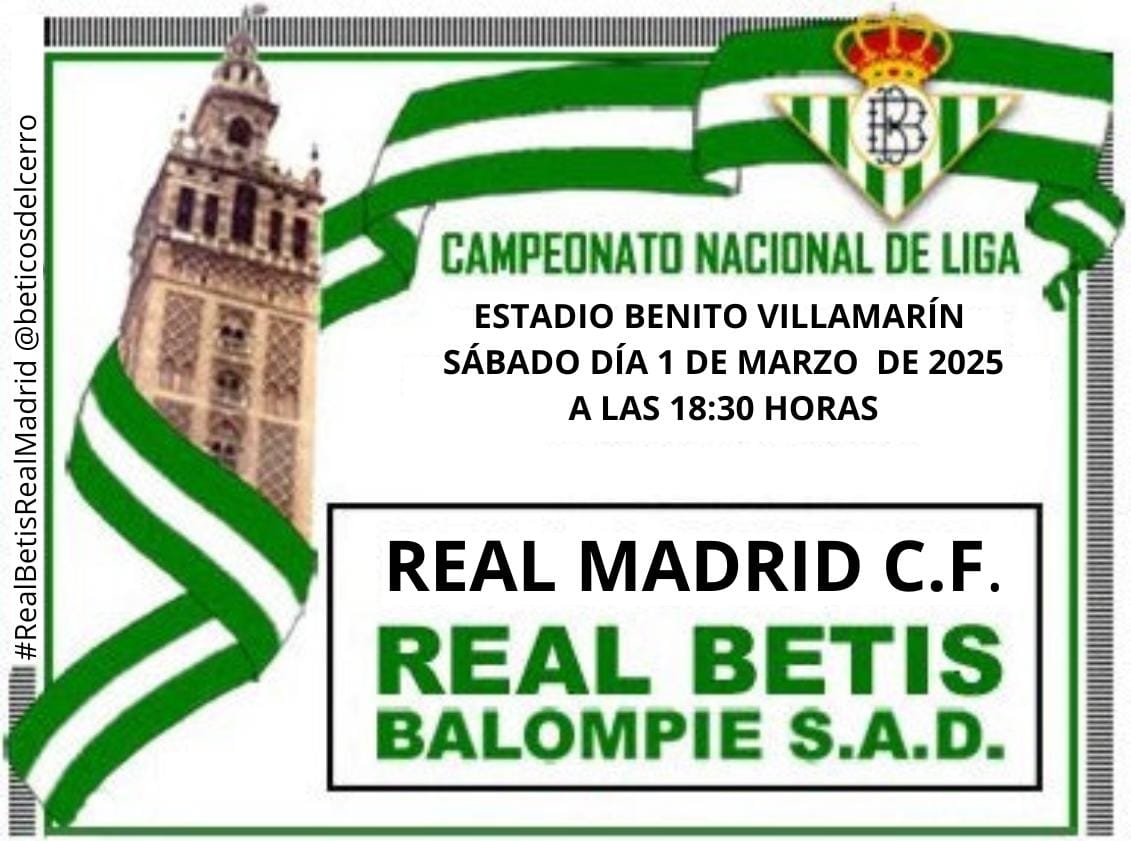 ¡Día de 𝘽𝙀𝙏𝙄𝙎!
#RealBetisRealMadrid #RealBetis #Betis #BeticosdelCerro
🟢 Real Betis - Real Madrid ⚪️
🏟 Benito Villamarín
🏆 LaLiga EA Sports
🕡 18:30
📺 Movistar (dial 54)