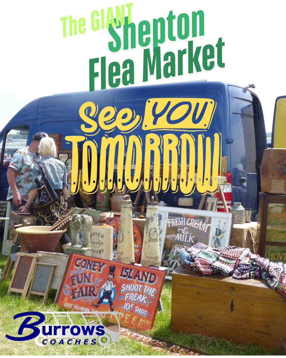 Who’s excited for our first day trip for 2025??

Join Alyson et al TOMORROW as we head to The Giant Shepton Flea Market. 
Last minute seats still available, email shoppers@burrowscoaches.co.uk to book on for tomorrow’s departure! 

£22.50 for adults, £7.50 for children