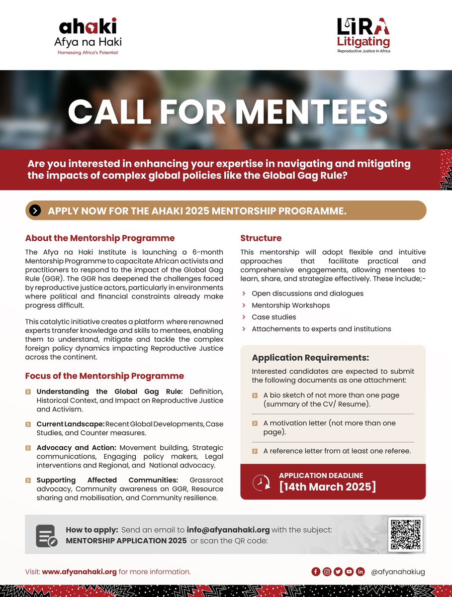 afyanahakiug's tweet photo. The application deadline for the Ahaki 2025 Mentorship Programme has been extended!  

Are you passionate about litigation, advocacy, and ICT innovations related to SRHR? This is your chance to join a transformative six-month programme that will provide you with expert guidance, opportunities to participate in interactive workshops, and the chance to enhance your ability to navigate complex global policies like the Global Gag Rule (GGR).  

Don’t miss this opportunity to strengthen your skills and drive impactful change. Apply now! See more details below.