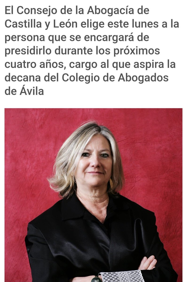 Entrevista a nuestra Decana en Diario de Ávila ante las próximas elecciones a la presidencia del Consejo de la Abogacía de Castilla y León. 

Enlace: diariodeavila.es/noticia/z08a9a…