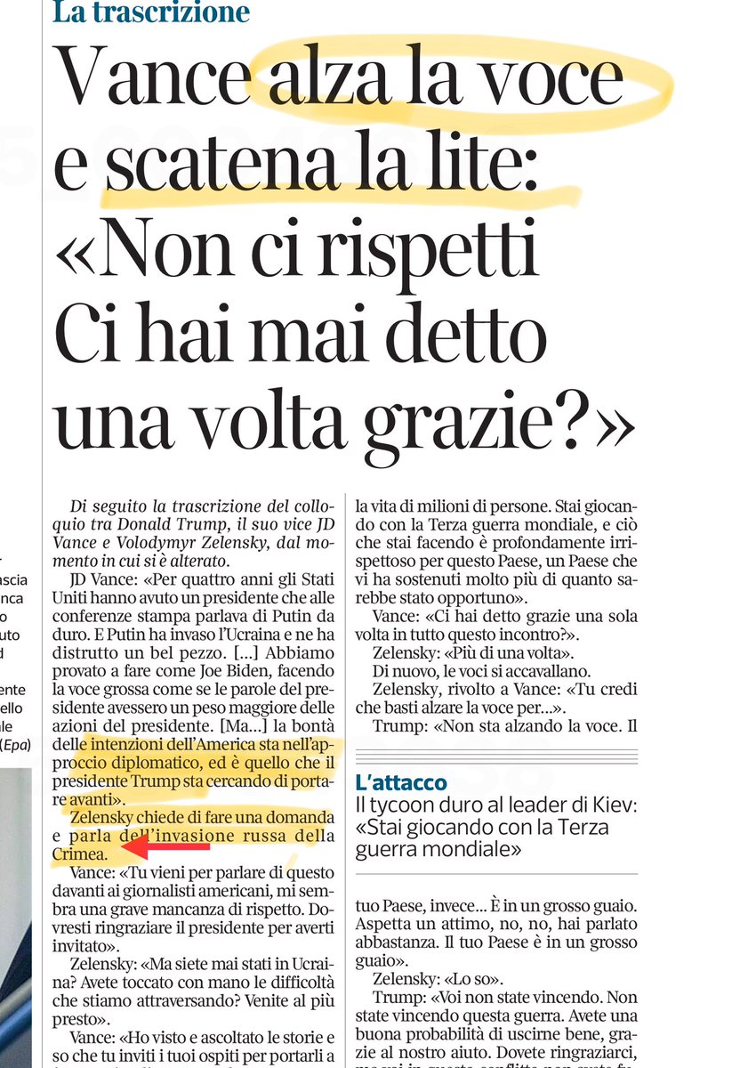giuslit's tweet image. Le omissioni selettive del Corriere.
Secondo cui  è Vance ad “alzare la voce e scatenare la lite”.
Ma nella trascrizione “omettono” la frase di Zelensky che, commentando l’approccio diplomatico sostenuto da Vance, lo apostrofa chiedendogli nella sostanza e provocatoriamente “ma…