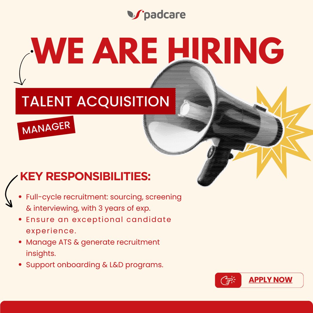 We’re Hiring! Join PadCare’s Talent Acquisition Team! 

At @PadCare, we’re looking for a Talent Acquisition Manager to help us build an amazing team. 

If you have a passion for recruitment and enjoy finding great talent, we’d love to connect with you!

Apply At -