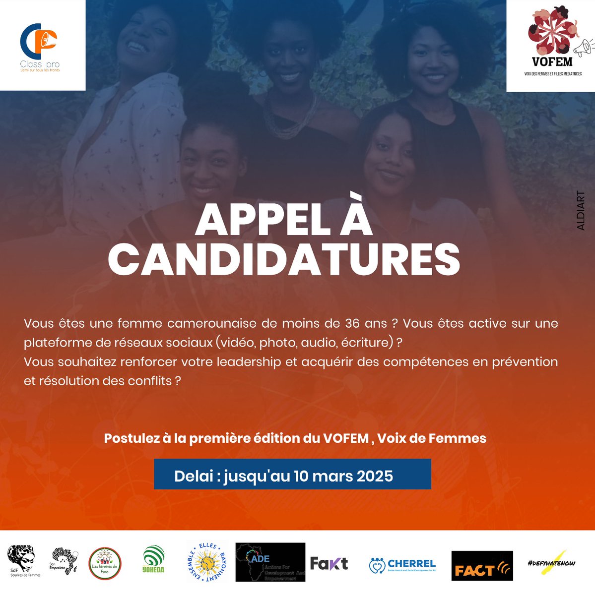 Tu es une femme passionnée par le leadership, l’impact social et tu aimerais acquérir des compétences en matière de prévention et de résolution de conflits ? 
Rejoins VOFEM  (Voix des Femmes et Filles Médiatrices)
  Postulez  docs.google.com/forms/d/1I3dNH…

#VOFEM #ClassPro #Leadership