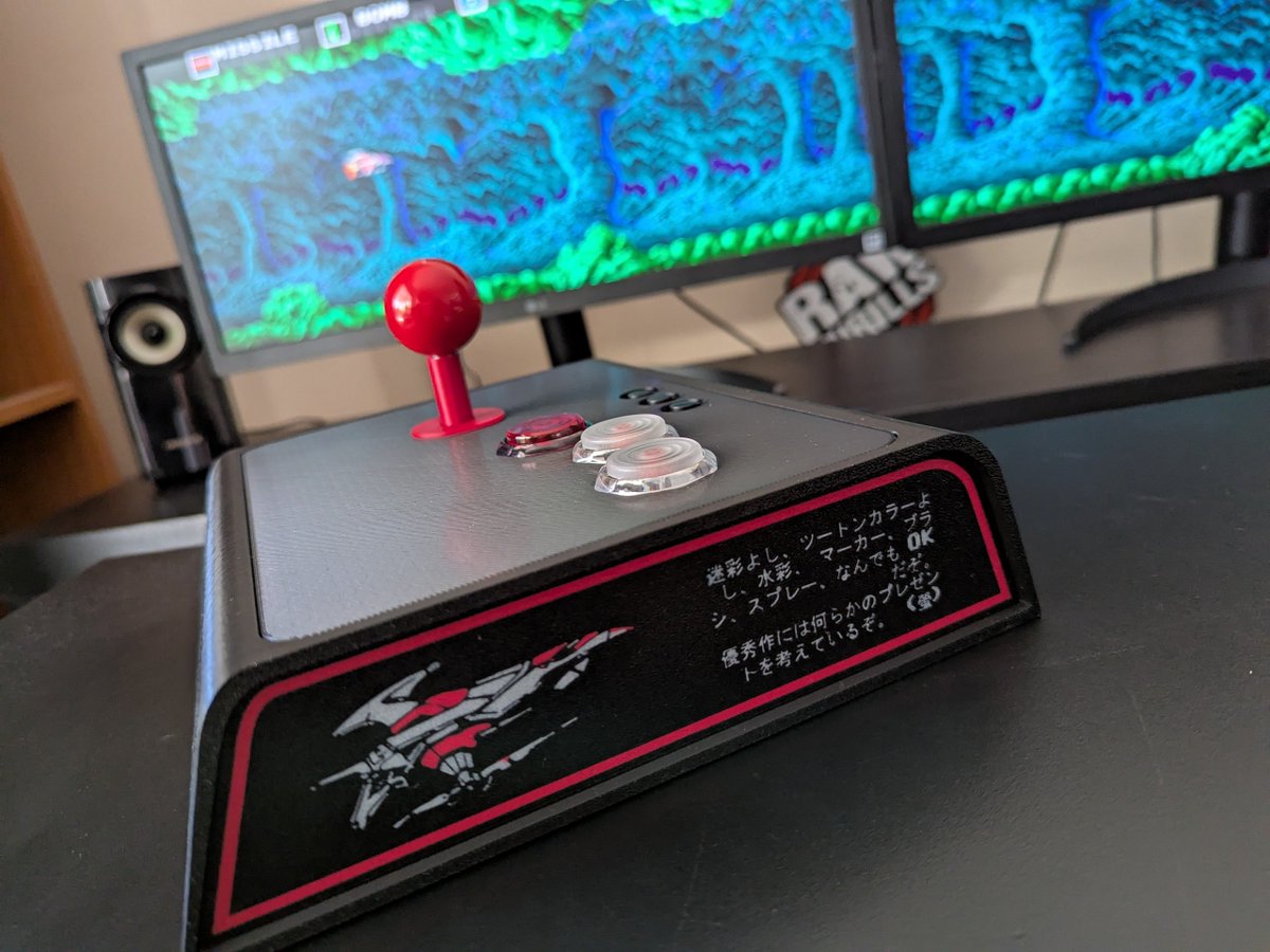 Clive_Frog_2_0's tweet photo. The #Darius mission continues with a new #Joystick design.
This new stick has side panel art and a bunch of other new features, like a #magnetically attached base to allow toolless entry to the internals for button changes and so on.
This is my tribute to the #Sega Virtua Stick High Grade/ #AstroCity Mini Joystick.
The main control artwork still needs to be done, and maybe something for the bottom too.
In addition to the 3 function buttons on the sticks I'll also make a mini control box. This will duplicate the credit, start and pause buttons as well as adding a few more plus the headphone jacks and volume controls.
I've also been toying with the idea of mirroring the main dual screen output onto a smaller 11 inch 4:1 ratio screen.
This could be located within the control panel or another spot. Definately not needed, but would be a nice touch if mounted and framed nicely.