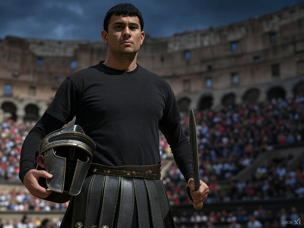 Gladiator

Dressed for Colosseum
he entered the peace #emporium
The quantum world of
possibilities was for taking
but he chose the bits of
wrong and right

Yes the gladiator did
put up a good fight
An hour of spectacle
now to be followed by
dark nights?

#vss365 
Pic Grok