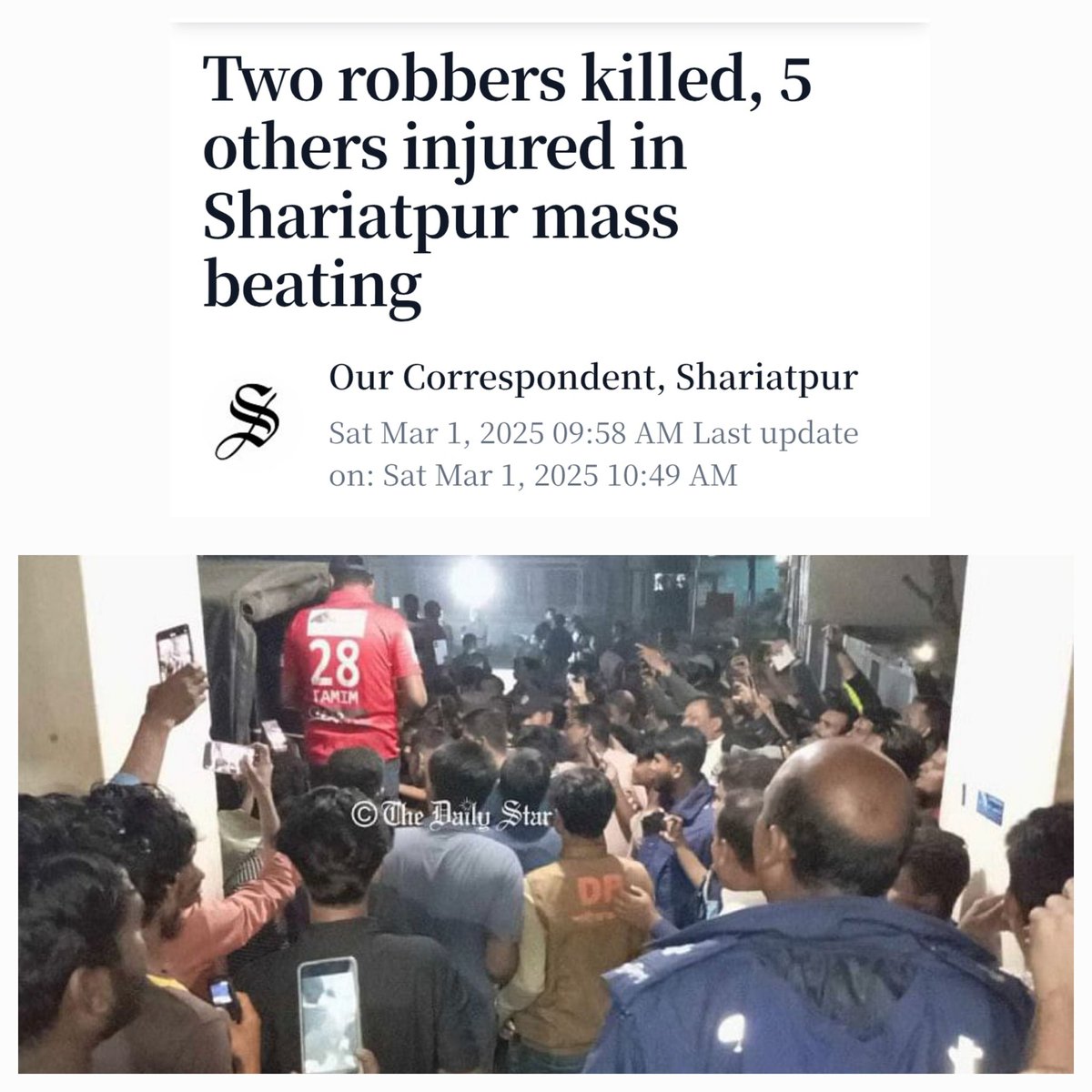 bdwatch2024's tweet photo. #Bangladesh is now operating on the basis of jungle laws, "Kill or be killed"

Two suspected robbers were killed and five were injured in Shariatpur last night in a mass public beating; nine civilians were also wounded when the suspects opened fire after being chased by the locals.

News🔽
https://t.co/E9cetPtUCj

What does this, and countless other similar incidents in recent times, indicate? 

First, even after almost 7 months at the helm, the Interim Govt still has not been able to make the law enforcement agencies effective and bring law and order situation under control. This is despite the heavy presence of armed forces with magistracy powers alongside traditional law enforcement. For instance, at the same time the violent incident in #Shariatpur was taking place, in #Pabna's Santhia, a highway was blocked by robbers using tree-logs and at least 20 public buses were robbed. See🔽

https://t.co/19GxeMWrnQ.

Second, ordinary people, clearly frustrated at the lack of any govt control over law and order, are now taking the law into their own hands. However, such tendencies is definitely causing irreparable damage to the social facric; 

Third, finite law enforcement resources (severely depleted following attacks on police stations and vehicles in August 2024) is being misused for political reasons. Law enforcment (incl. the armed forces) remain busy hunting down and rounding up political rivals as opposed to discharge their actual duties, i.e. prevent and fight crimes (more than 11,300 #AwamiLeague supporters and activists arrested between 8 and 28 February under Operation Devil Hunt). 

#BangladeshCrisis #LawAndOrder #Mobocracy #MuhammadYunus
