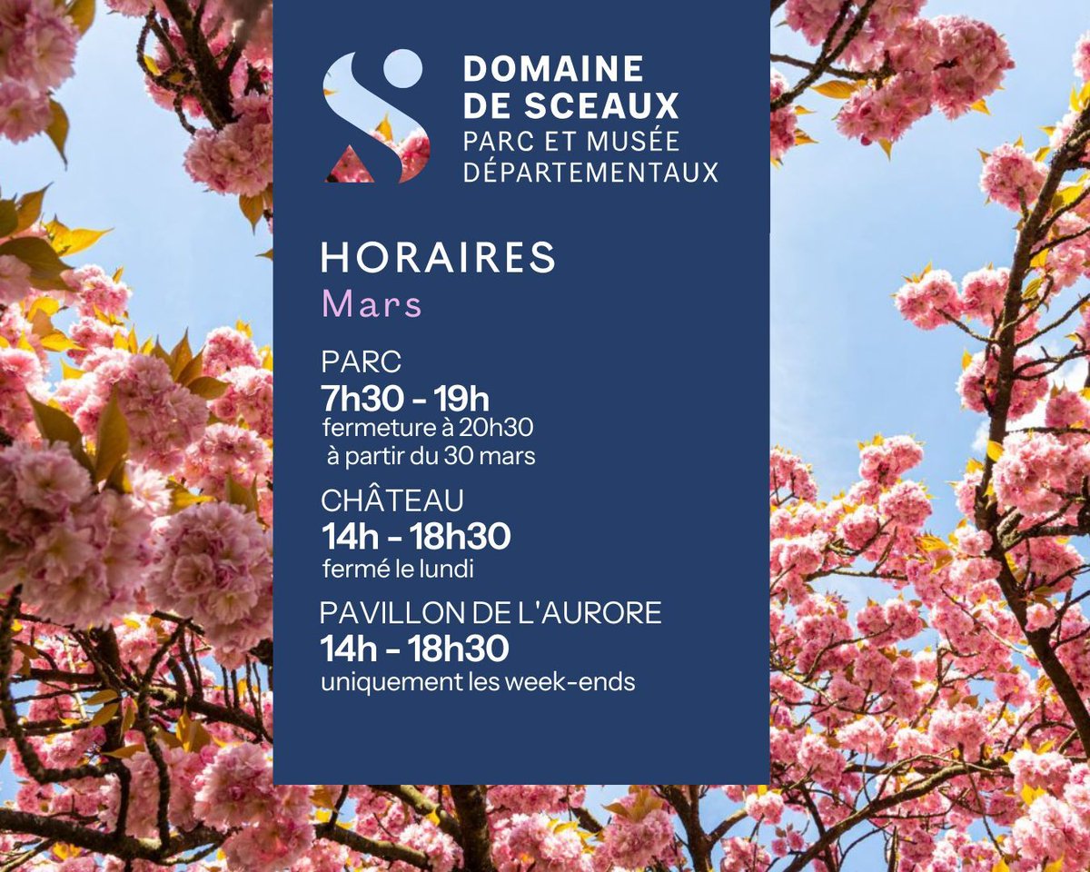 🕰 HORAIRES DE MARS
Parc : 7h30 à 19h - fermeture à 20h30 à partir du 30 mars.
Château : 14h à 18h30 - Fermé les lundis. 
Pavillon de l'Aurore : 14h à 18h30 - uniquement les week-ends.

ℹ Pour plus d'infos : swll.to/kvRukQg